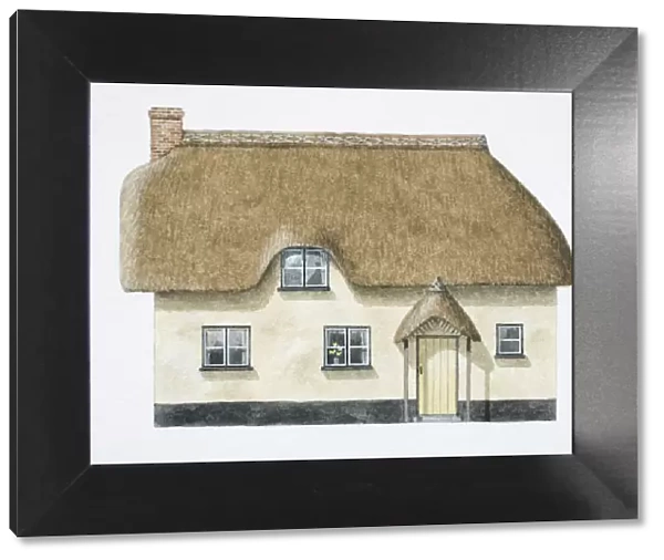 Cob cottage with overhanging thatch roof, front view