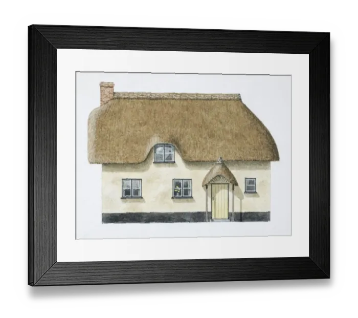 Framed Print : Cob cottage with overhanging thatch roof, front view Framed Print : Cob cottage with overhanging thatch roof, front view