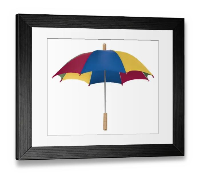 Framed Print : Colourful open umbrella with wooden handle, front view Framed Print : Colourful open umbrella with wooden handle, front view