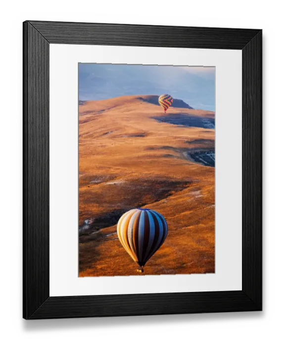 Framed Print : Hot air balloon over beautiful landscape Framed Print : Hot air balloon over beautiful landscape