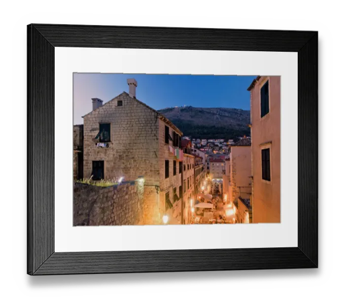 Framed Print : Old town. View of old town with street view and lights and blue sky Framed Print : Old town. View of old town with street view and lights and blue sky
