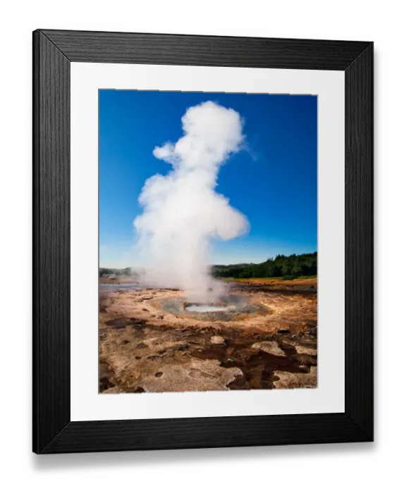 Framed Print : Smoking. Steam gives evidence of geothermal activity at Geysir - famous Framed Print : Smoking. Steam gives evidence of geothermal activity at Geysir - famous