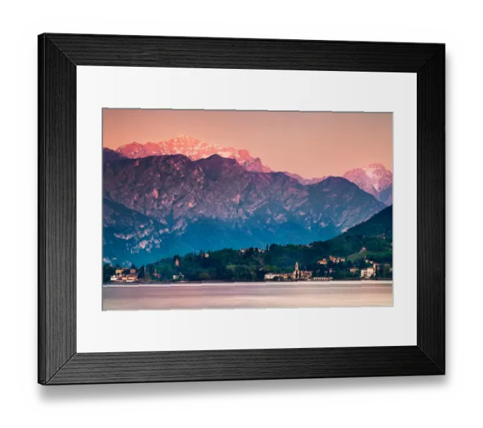 Framed Print : Afterglow. Sunset illuminates top of mountain overlooking village in Lake Como, Italy Framed Print : Afterglow. Sunset illuminates top of mountain overlooking village in Lake Como, Italy