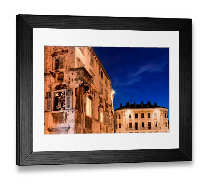 Framed Print : Building. Skateboarding poster marks old building of Diocletians palace Framed Print : Building. Skateboarding poster marks old building of Diocletians palace