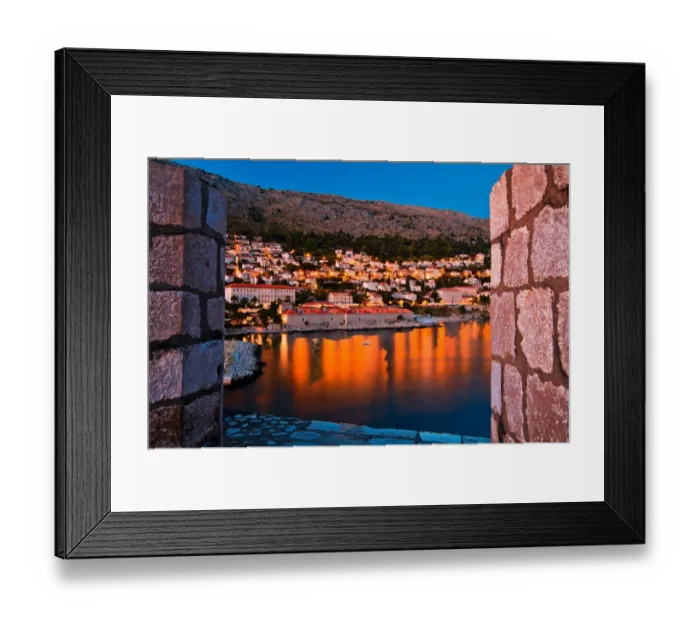 Framed Print : Castle. Opening in castle wall provides stunning across bay from Dubrovnik Old Town Framed Print : Castle. Opening in castle wall provides stunning across bay from Dubrovnik Old Town