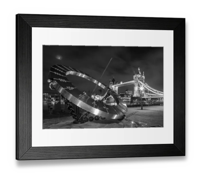 Framed Print : Dazzling. UK, London, view to illuminated Tower Bridge at night. Mono Framed Print : Dazzling. UK, London, view to illuminated Tower Bridge at night. Mono