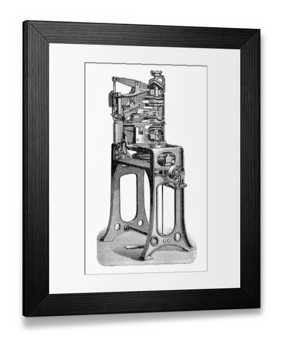 Framed Print : Footwear manufacturing, Yellow twin machine Framed Print : Footwear manufacturing, Yellow twin machine