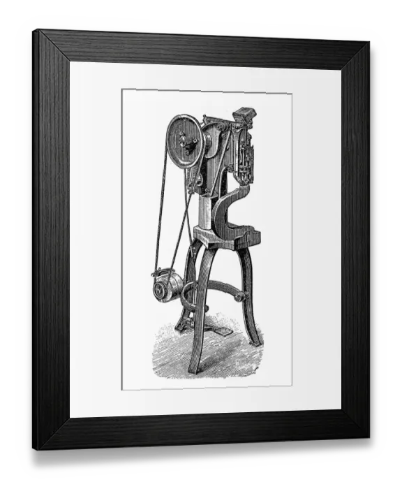 Framed Print : Footwear manufacturing, Hole and Grommet inserting machine Framed Print : Footwear manufacturing, Hole and Grommet inserting machine