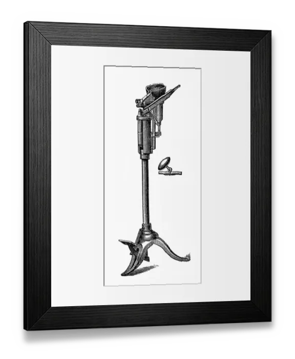 Framed Print : Footwear manufacturing, button fastening machine