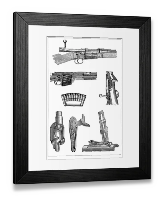 Framed Print : Rifle mechanism and parts