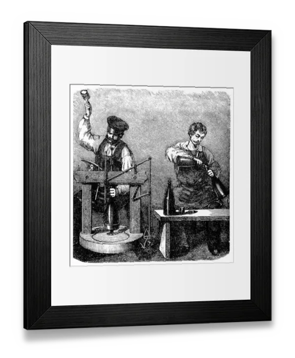 Framed Print : Men closing wine bottles with cork Framed Print : Men closing wine bottles with cork