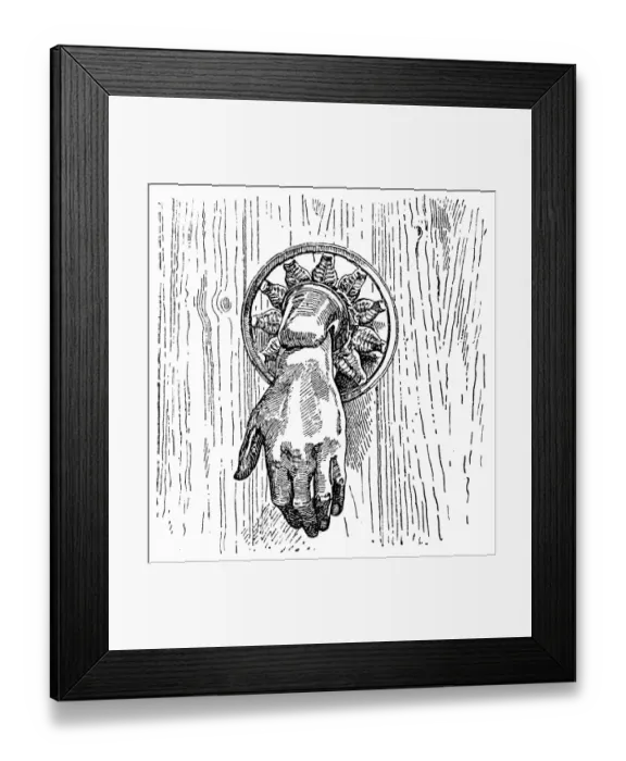 Framed Print : Knocker. Antique illustration of a hand shaped knocker Framed Print : Knocker. Antique illustration of a hand shaped knocker