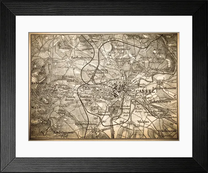 Framed Print : Kassel. Antique illustration of a Kassel map