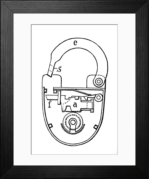 Framed Print : Padlock engraving isolated on white Framed Print : Padlock engraving isolated on white