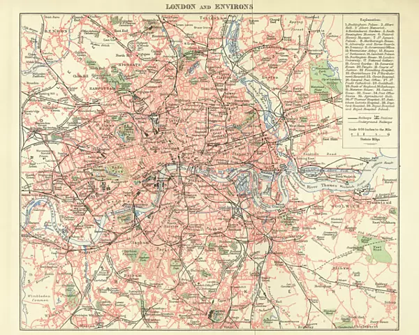 London and Environs Historical Map, Engraving, 1892