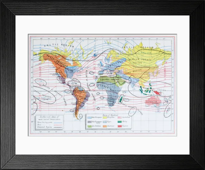 Framed Print : Antique colored illustrations: Isothermal lines and ethnicities of the World Framed Print : Antique colored illustrations: Isothermal lines and ethnicities of the World