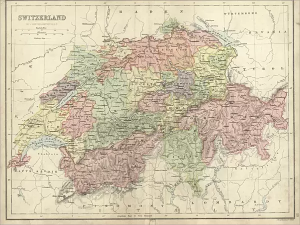 Antique map of Switzerland in the 19th Century