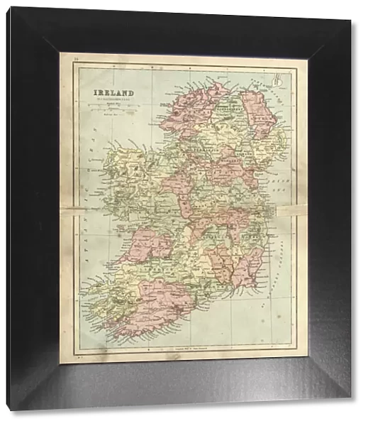 Antique damaged map of Ireland in the 19th Century