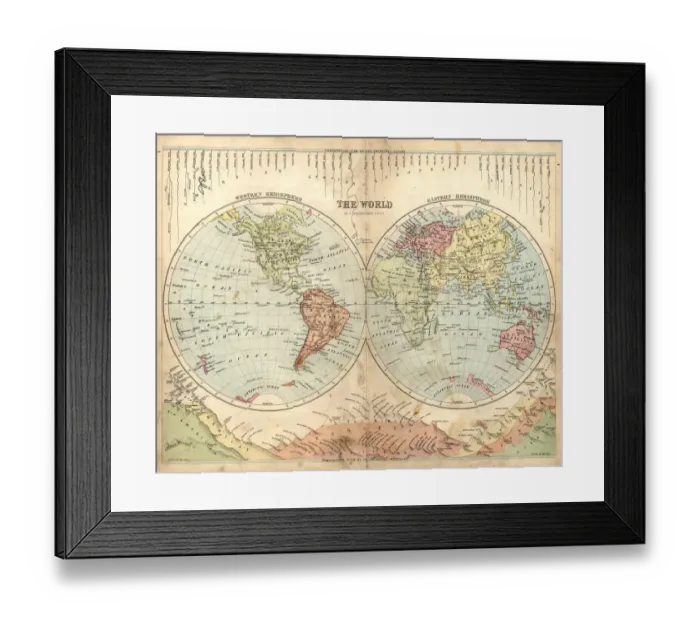 Framed Print : Antique map of the world, 1873 Framed Print : Antique map of the world, 1873
