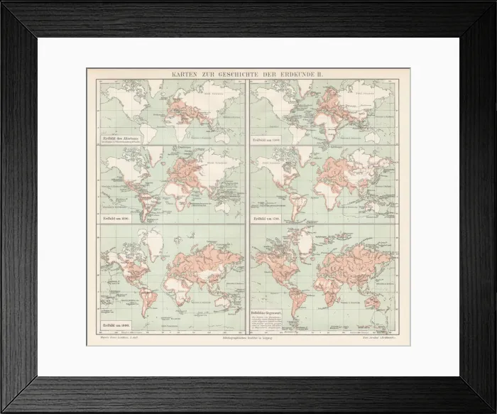 Framed Print : The history of geography map 1895 Framed Print : The history of geography map 1895