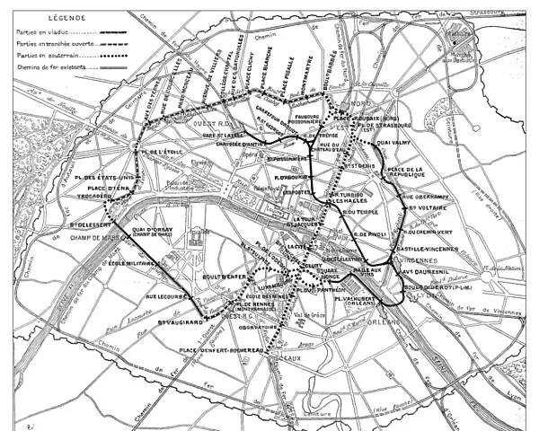 Antique engraving illustration: Paris Subway Metro map