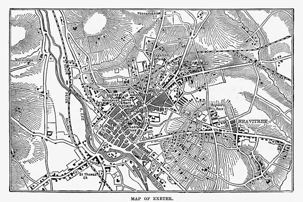 Map of Exeter in Devon, England Victorian Engraving, 1840