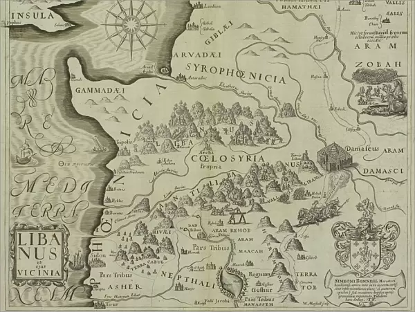 Antique map of holy land including Syria and Lebanon