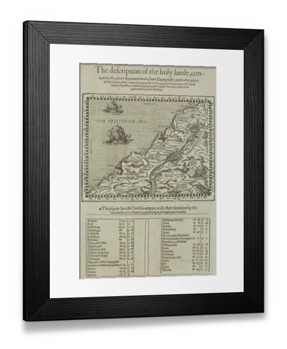 Framed Print : Antique map of the holy land with table of data Framed Print : Antique map of the holy land with table of data