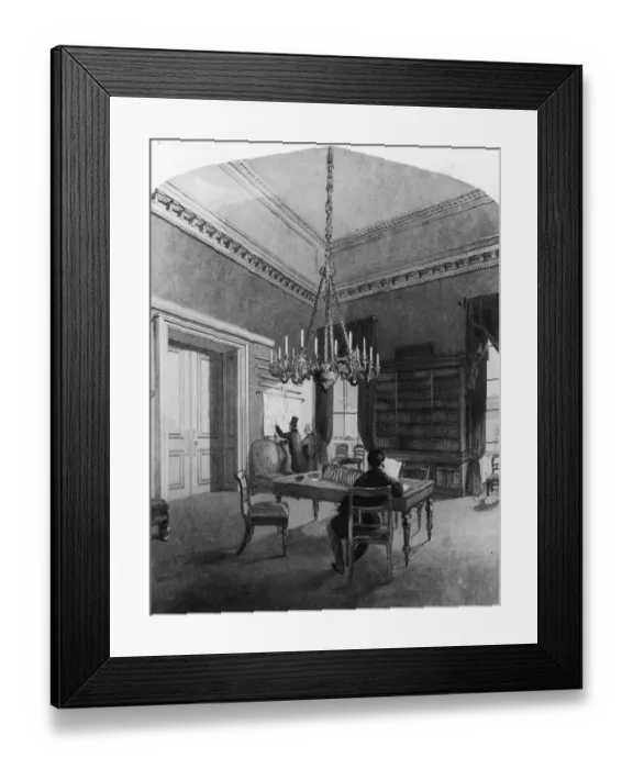 Framed Print : Map Room. circa 1850: Gentlemen consulting charts in the map room of the Framed Print : Map Room. circa 1850: Gentlemen consulting charts in the map room of the