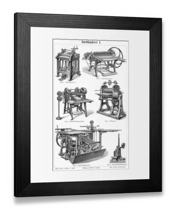 Framed Print : Book binding machines engraving 1895 Framed Print : Book binding machines engraving 1895