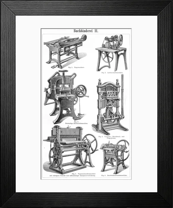 Framed Print : Book binding machines engraving 1895 Framed Print : Book binding machines engraving 1895
