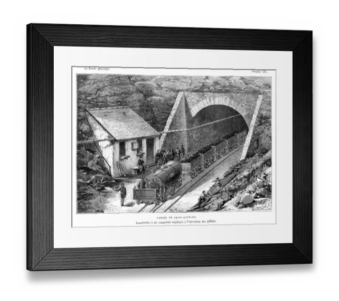 Framed Print : Compressed air engine at mine engraving 1881 Framed Print : Compressed air engine at mine engraving 1881