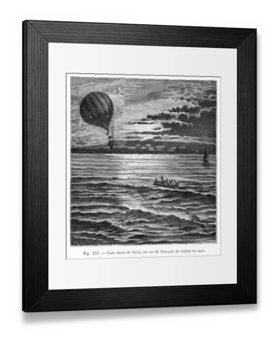 Framed Print : Balloon descending on the sea engraving 1881 Framed Print : Balloon descending on the sea engraving 1881