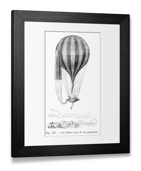 Framed Print : Balloon with parachute engraving 1881 Framed Print : Balloon with parachute engraving 1881