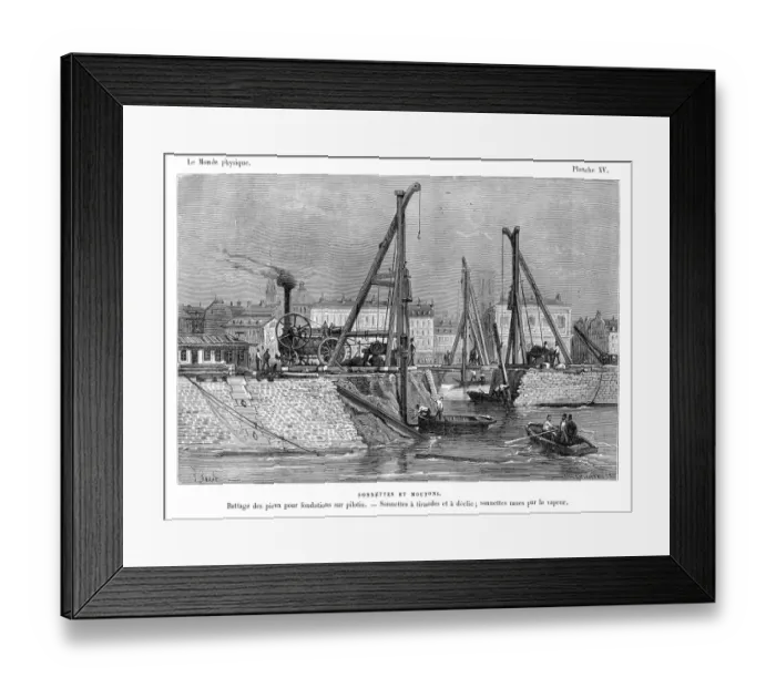 Framed Print : Pile driving pilon foundation engraving 1881 Framed Print : Pile driving pilon foundation engraving 1881