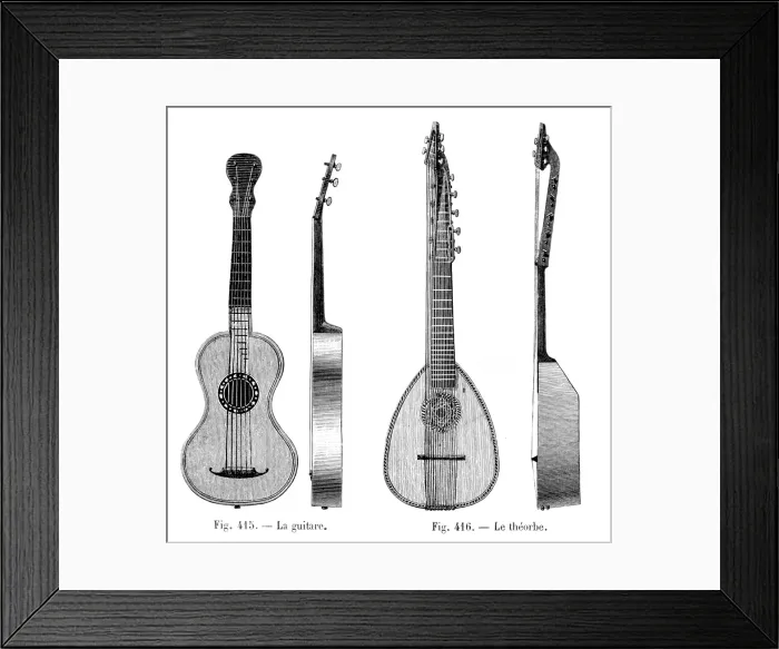 Framed Print : Guitar and Lute engraving 1881 Framed Print : Guitar and Lute engraving 1881