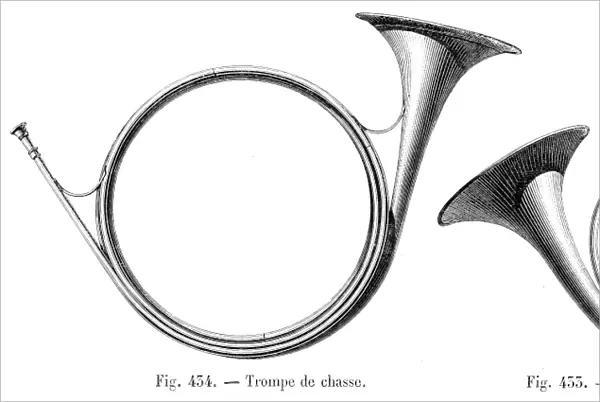 Hunting trunk and french horn engraving 1881