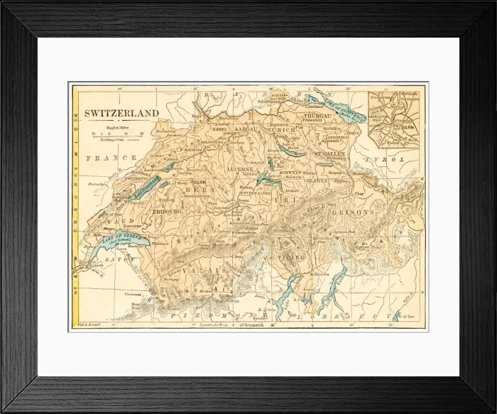 Framed Print : Switzerland map 1875 Framed Print : Switzerland map 1875