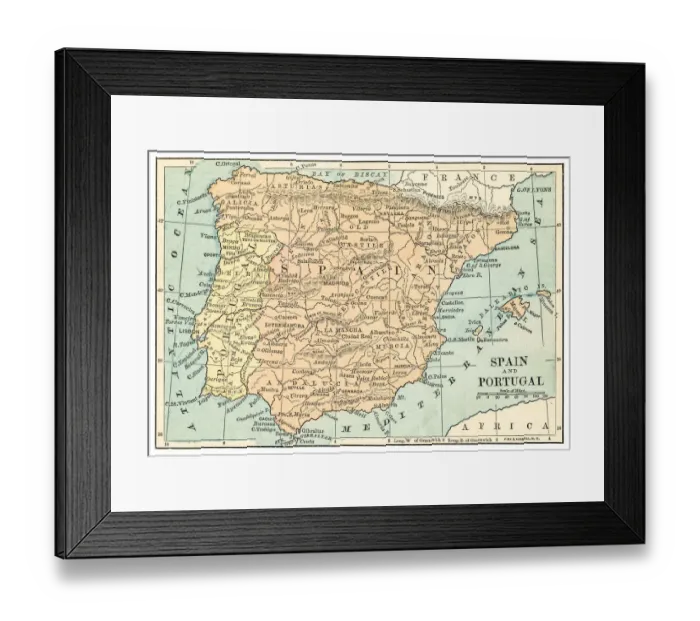 Framed Print : Spain and Portugal map 1875 Framed Print : Spain and Portugal map 1875