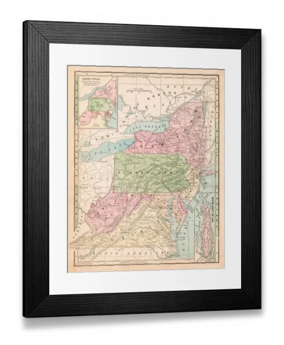 Framed Print : USA middle states map 1875
