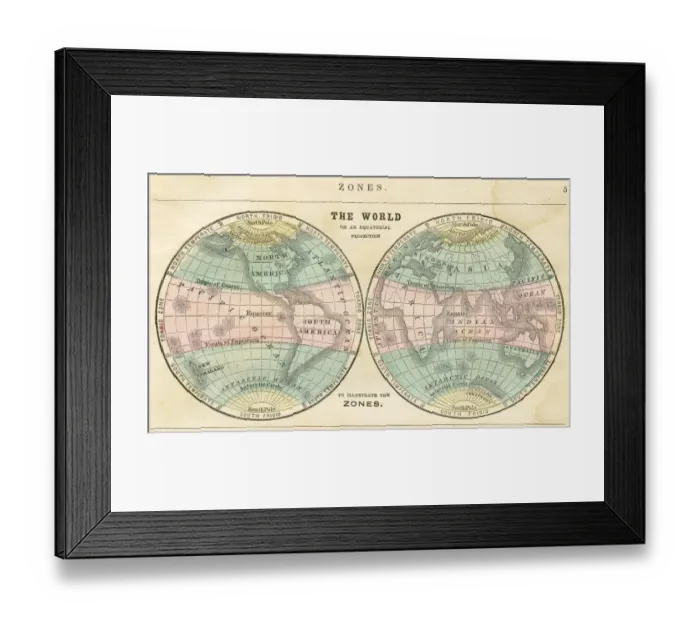 Framed Print : Map of the world in zones 1856 Framed Print : Map of the world in zones 1856