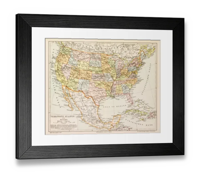 Framed Print : Map of United States and Mexico 1897 Framed Print : Map of United States and Mexico 1897