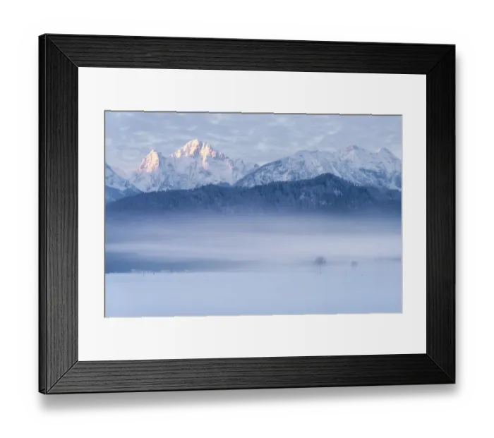 Framed Print : Foggy morning with snowy mountain in Germany