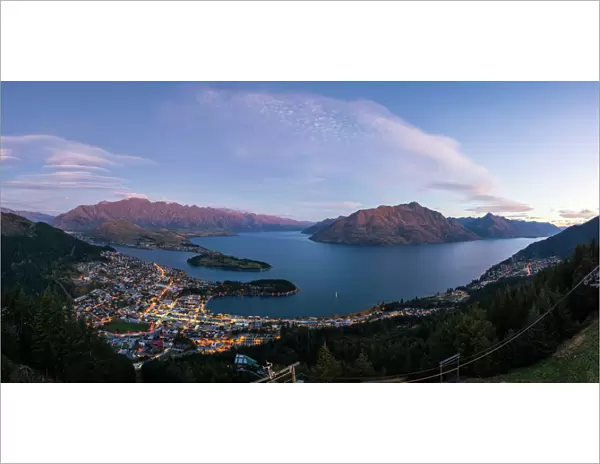 Panoramic Queenstown cityscape at dusk, New Zealand
