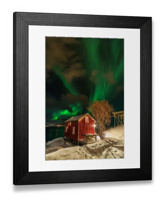Framed Print : The northern light over red cabin in Lofoten, Norway