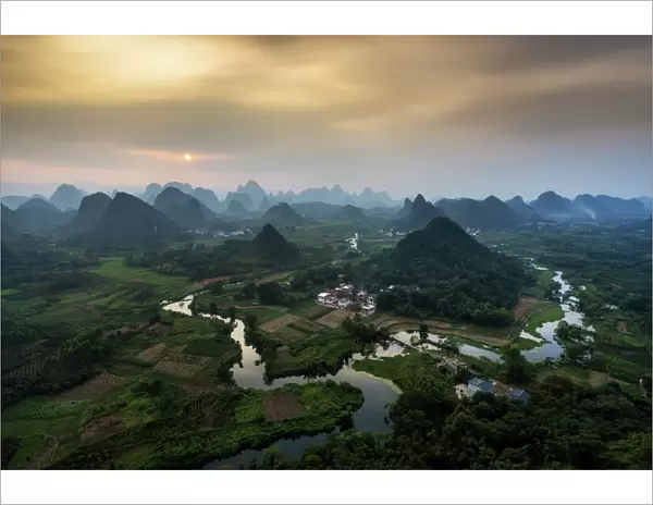 Panorama of Karst Mountain Range and Li River in Guilin, China