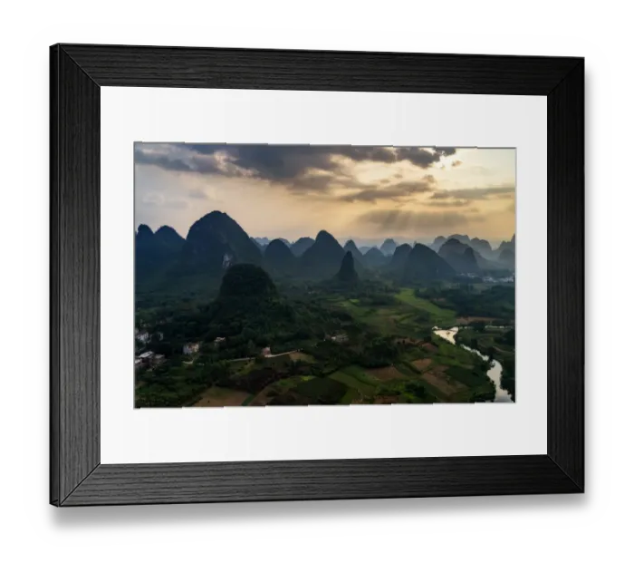 Framed Print : Panorama of Karst Mountain Range and Li River in Guilin, China Framed Print : Panorama of Karst Mountain Range and Li River in Guilin, China