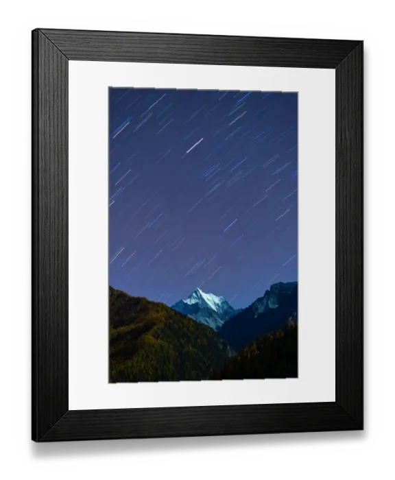 Framed Print : Snowy mountain peak and Star trail in Yading Framed Print : Snowy mountain peak and Star trail in Yading