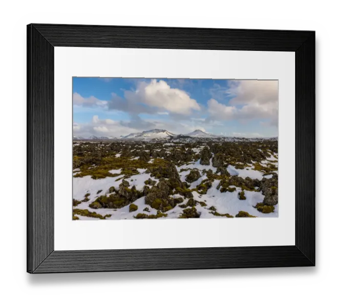 Framed Print : Lava rocks with the snowy mountain, Iceland Framed Print : Lava rocks with the snowy mountain, Iceland