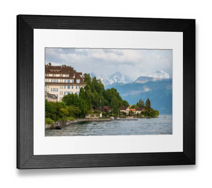 Framed Print : The village and landscape beside lake Thun, Switzer Framed Print : The village and landscape beside lake Thun, Switzer